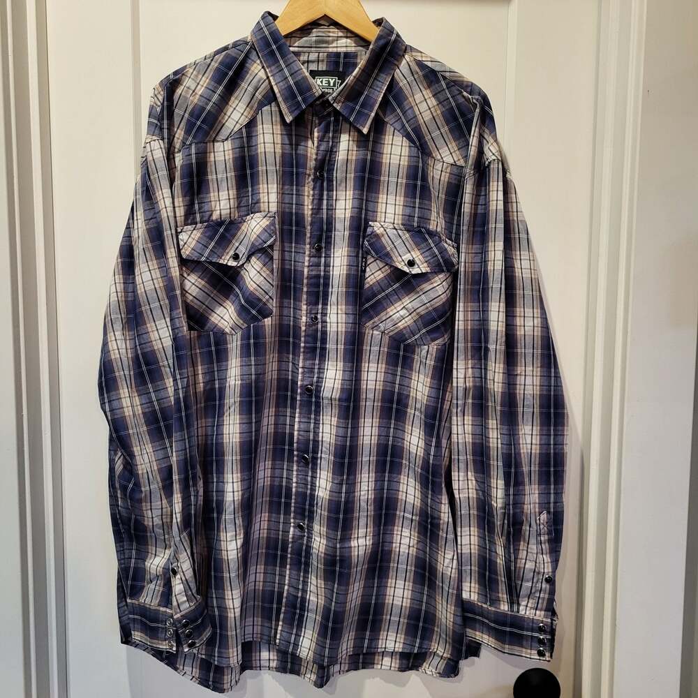 KEY Est 1908 Plaid Long Sleeve Western Shirt 2XLT Blue White Brown